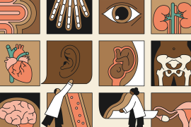 Illustration, Black doctors observing thumbnail images of medical conditions on Black patients